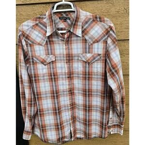 TIN HAUL Men's Large Pearl Snap Plaid Cotton Shirt - Graphic on the Back